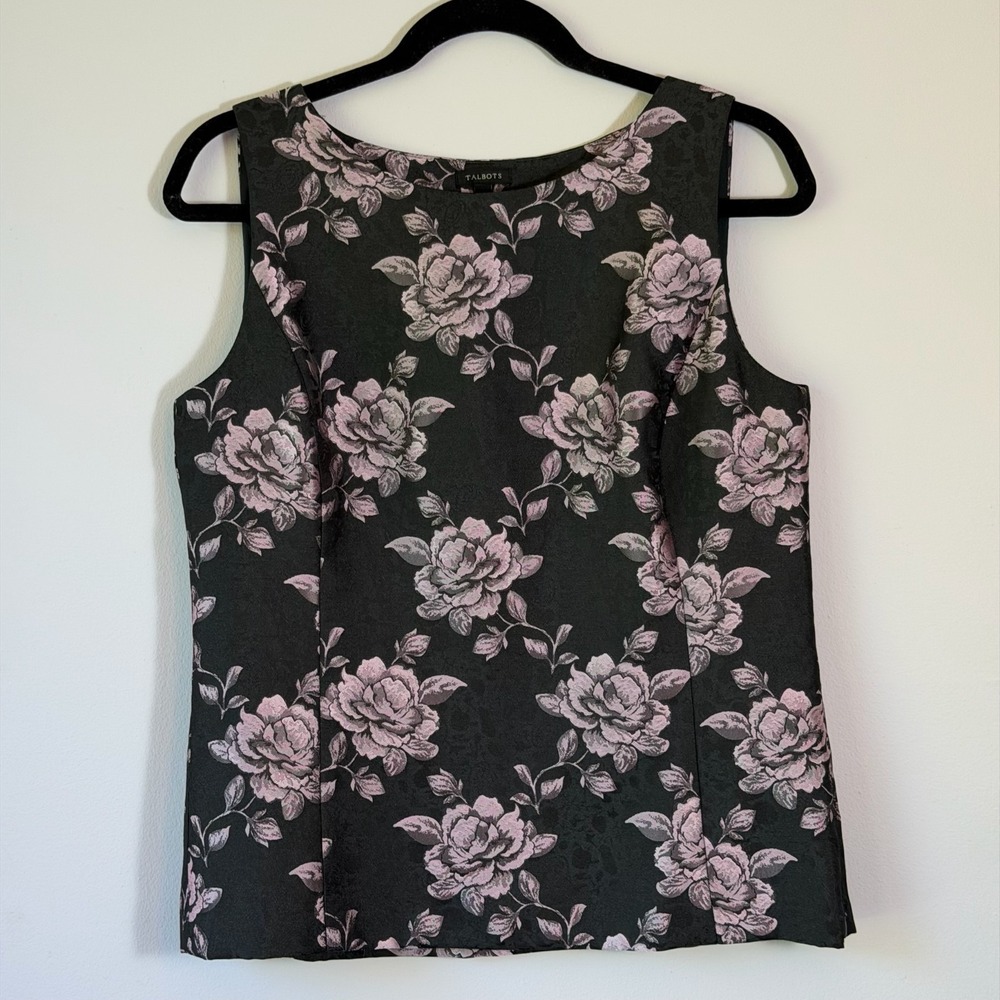 Talbots Floral Jacquard Tank Top Size 6 Black Pink Rose Sleeveless Career Blouse
